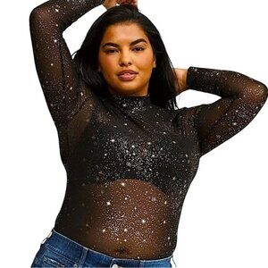 TORRID Sheer Mesh Mock Neck Long Sleeve Top w/Gold Sparkly Stars NWT‎